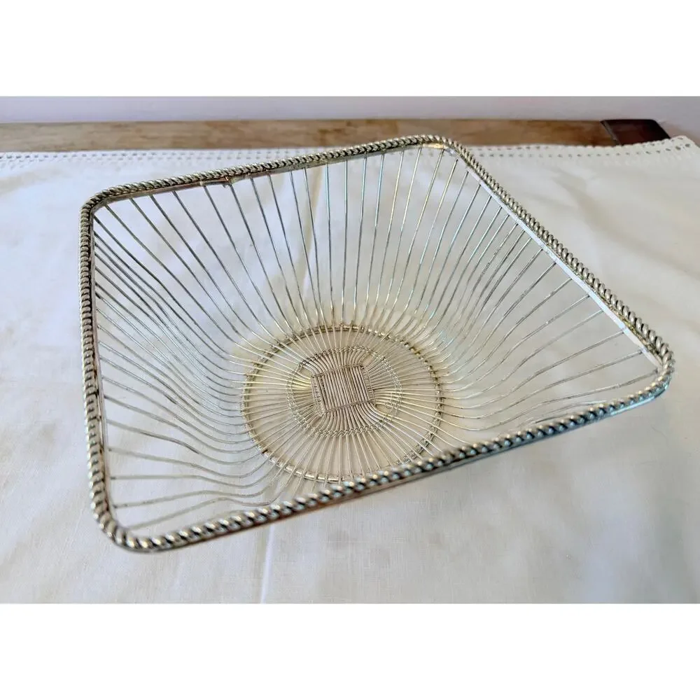 Vintage Silver Plated Wire Bread Basket Square Rope Rim Italian Style Server